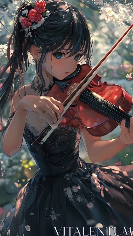 Girl in black dress holds violin in softly lit garden