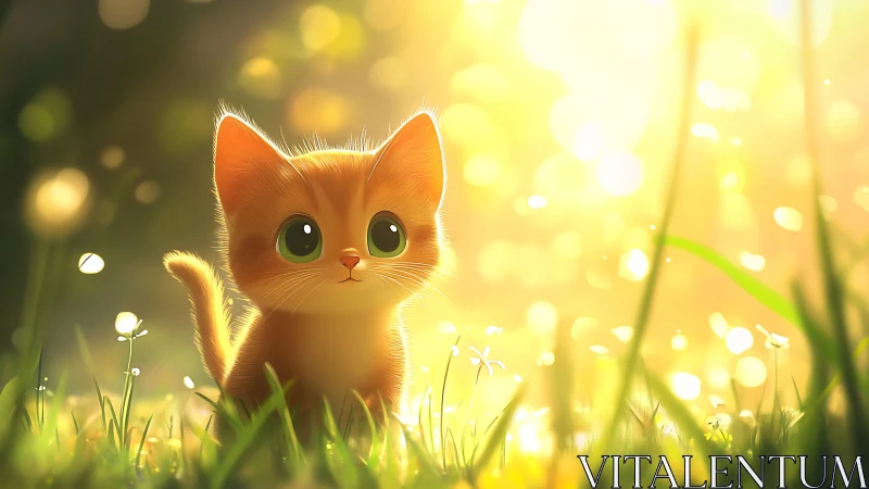 Golden backlit kitten in dreamy sunlit meadow scene.