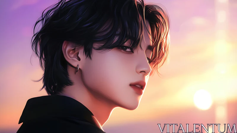 Side profile of stylized person against soft sunset sky