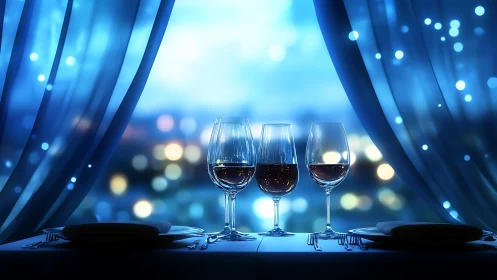 Trio of wine glasses on table by window, blue bokeh night