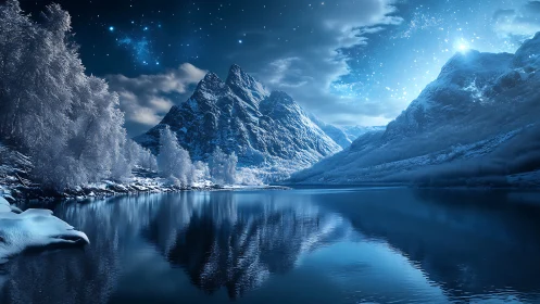 Moonlit winter mountains glow softly above a glassy lake