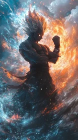 Powerful anime warrior in swirling fire and ice aura.