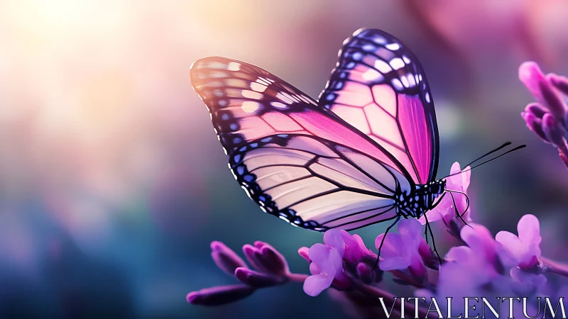 Butterfly on pink blossoms in soft pastel sunset light.