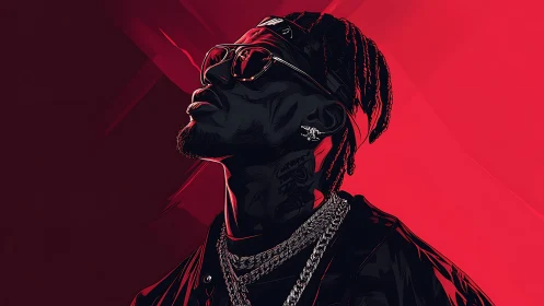Bold vector portrait of hip hop artist on red background.
