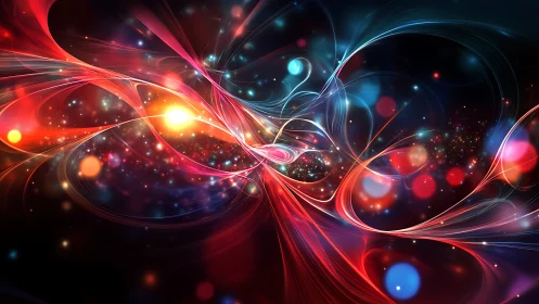 Flowing abstract light trails with glowing bokeh points.