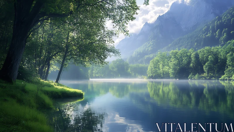 Photorealistic alpine forest lake with atmospheric depth rendering.