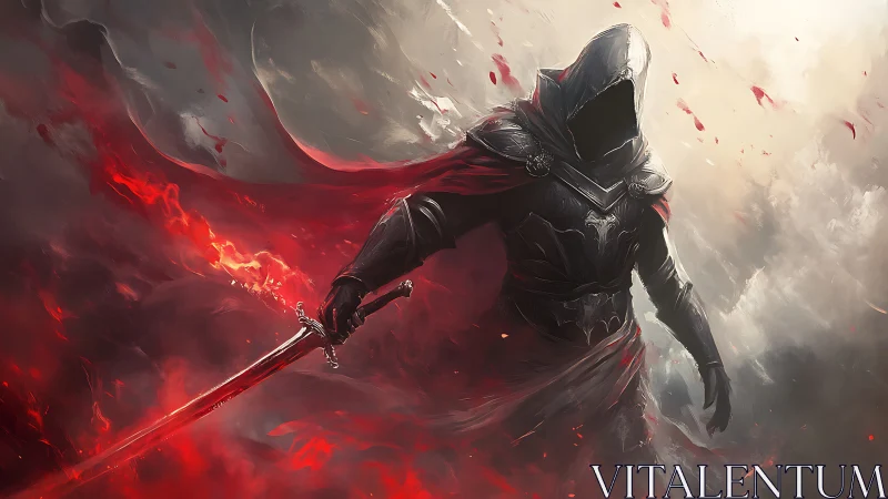 Hooded dark warrior with flaming red sword in misty void.