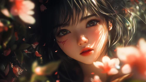 Floral-lit anime portrait with soft bokeh and scar detail.