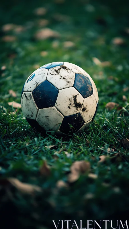 Weathered soccer ball rests on grass in shallow focus field