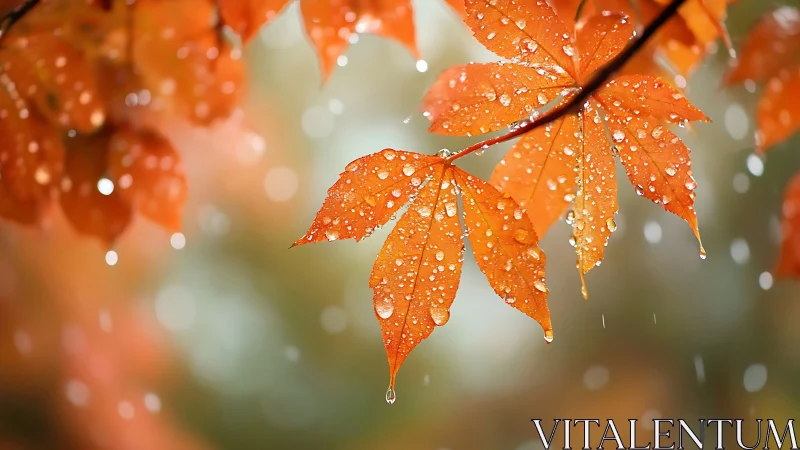 Orange maple leaves with raindrops in shallow focus view.