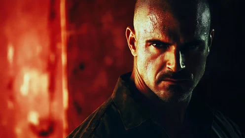 Firelit resolve on a battle-scarred face of relentless will.