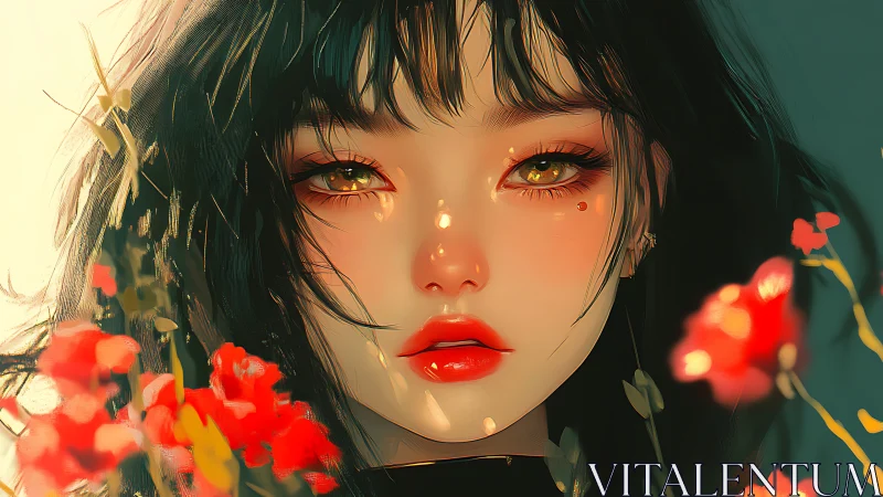 Digital portrait of young woman with flowers in foreground.