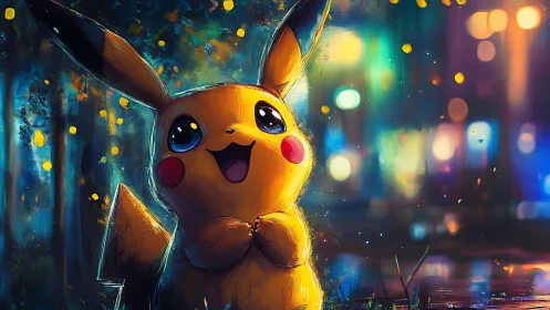 Pikachu in a colorful night cityscape digital painting.