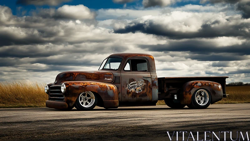 Rustic lowered pickup truck on open rural roadway.