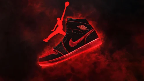 Glowing red-black sneaker render with soaring silhouette emblem.