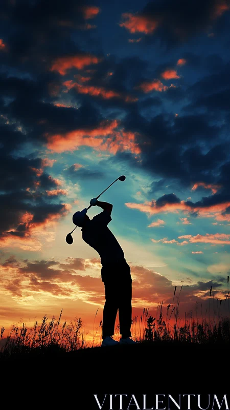 Evening golfer silhouette under a dramatic painted sky.