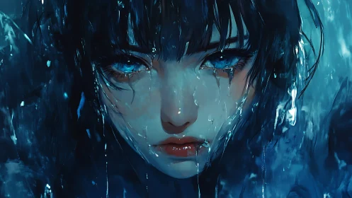 Close-up digital portrait of wet blue-eyed figure in rain.