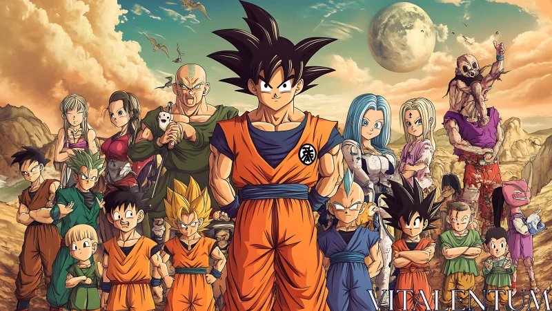 Heroic anime warriors united before alien desert moon.