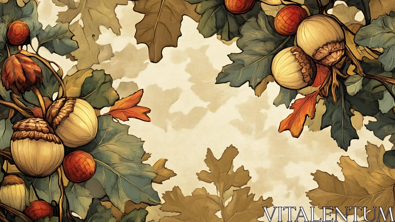 Autumn oak leaves and acorns frame warm botanical border.