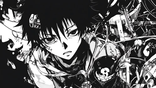 Intense monochrome anime boy in chaotic abstract scene.