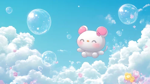 Kawaii sky mouse floats among glowing soap bubbles.