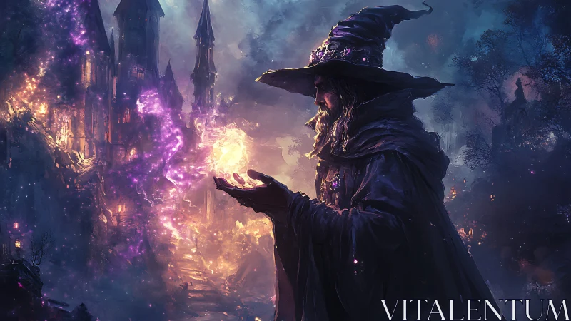Robe clad wizard holding luminous orb near tall towers.