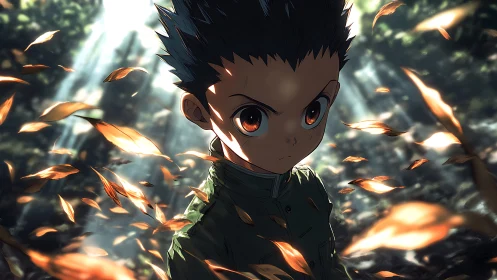 Forest-eyed boy in amber leaves and sharpened sunlight.