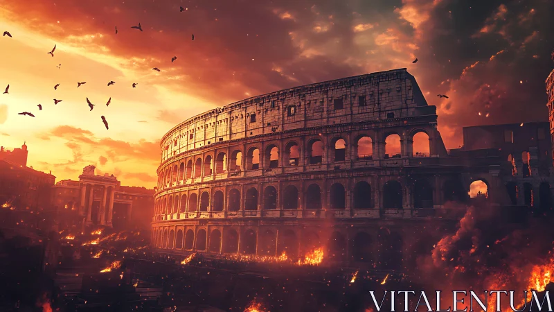 Flames lick the Roman Colosseum under an apocalyptic sky