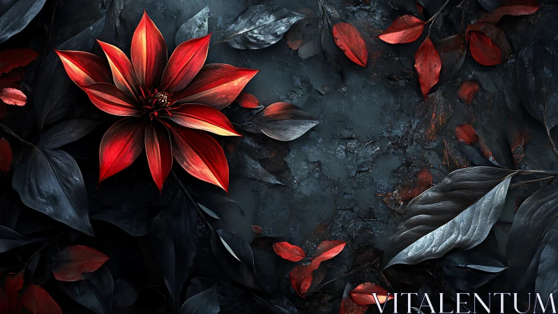 Red flower on dark textured leaves in balanced composition.