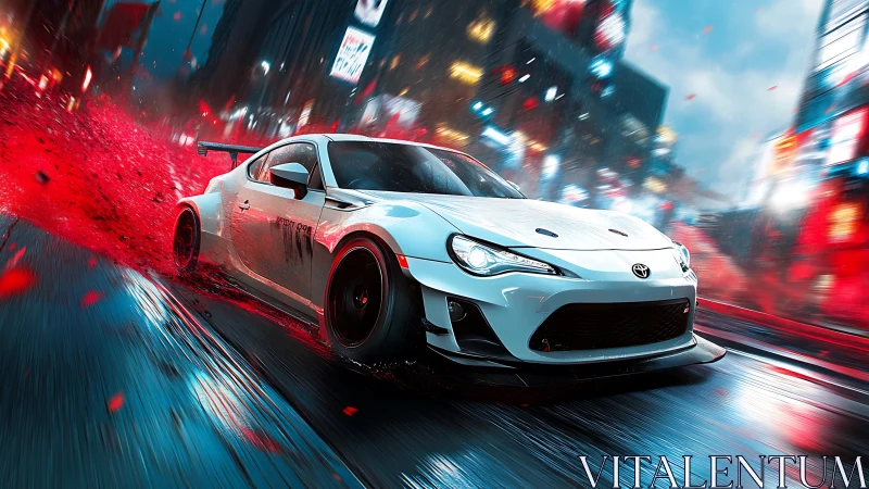 White Toyota sports coupe drifts through neon city streets
