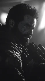 Scarred soldier carves a path through shadows and steel