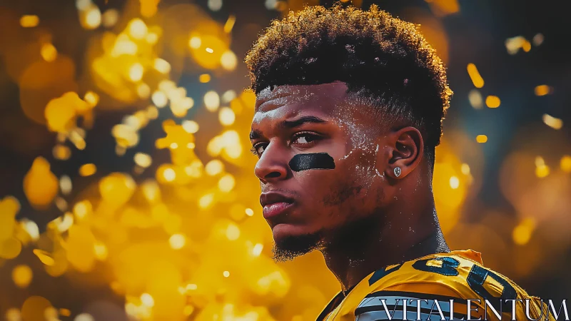 Gritty football portrait amid glowing golden bokeh storm.