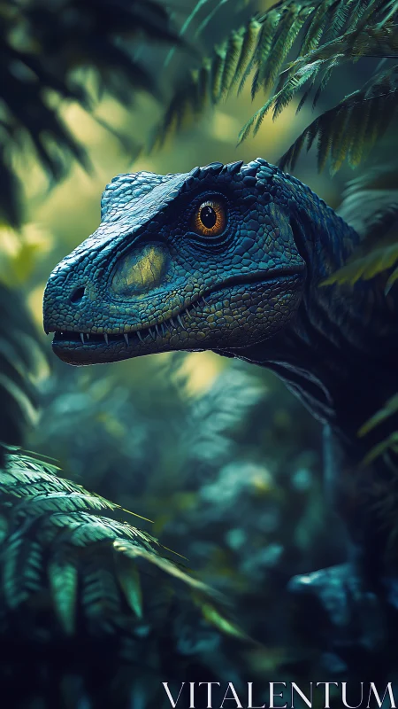 Velociraptor head emerges from dense teal jungle ferns