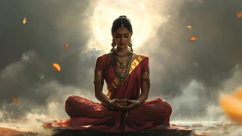 Serene woman in red saree meditating in golden light.