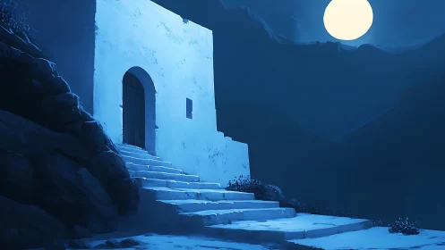 Moonlit white stone stairway ascends toward a silent house