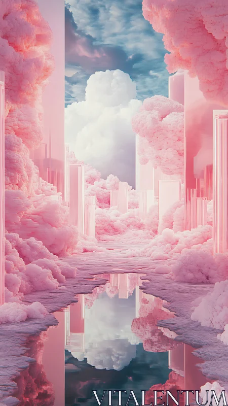 Dreamy pink cloud city rises above a calm reflective river
