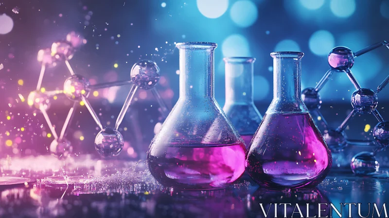 Neon potions bubble while chrome molecules quietly plot reactions