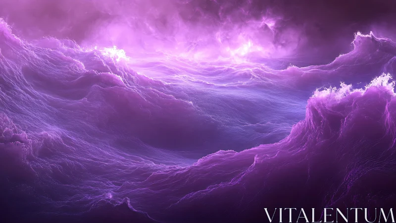 Luminescent violet energy waves form a turbulent abstract seascape
