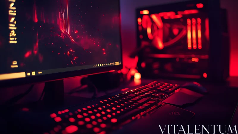 Cozy red gaming setup glowing with immersive desktop light.
