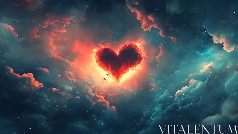 Fiery heart glowing against turbulent cosmic clouds