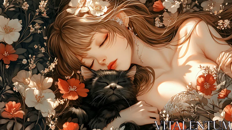 Woman Sleeping with Black Cat Among Floral Blooms.