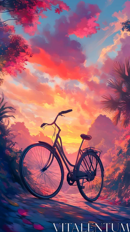 Bicycle silhouetted against dramatic colored sky and clouds.