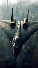 Stealth recon jet over misty metropolis in cinematic light.
