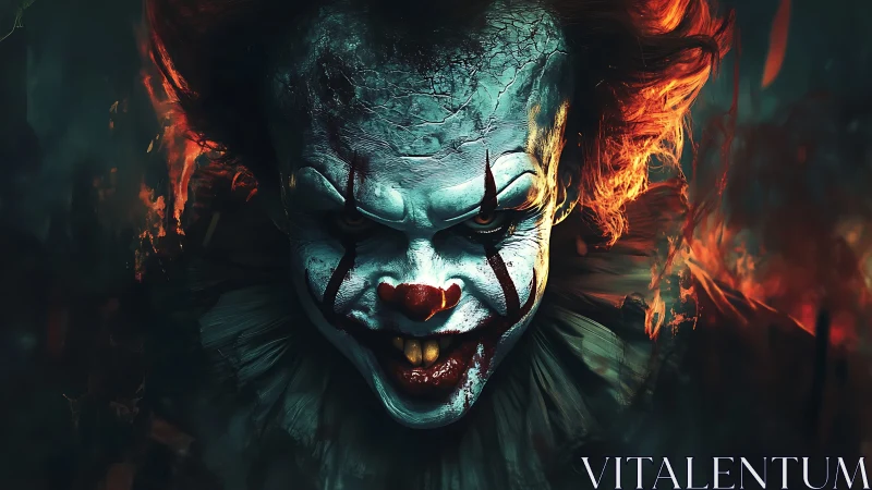 Sinister clown portrait in fiery cinematic lighting.