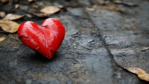 Red Heart on Weathered Pavement: Contrast and Vulnerability.