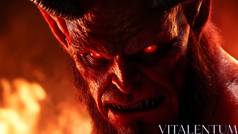 Intense demonic face closeup with glowing eyes in fire