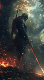 Armored dark knight with flaming sword in embered forest.