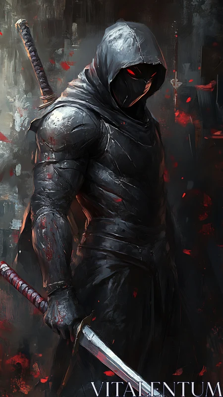 Shadowed rogue stands ready with glowing red gaze.