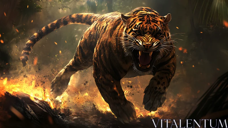 Ferocious tiger charges forward through blazing jungle fire.