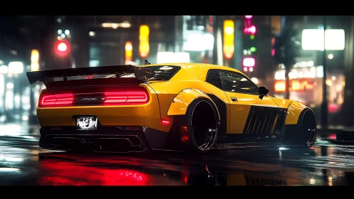 Yellow muscle car glows against neon city streets in rain